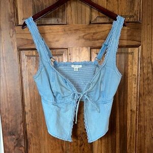 American Eagle Outfitters Blue Ruched Tie Front Crop Tank Top